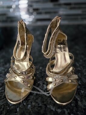 Forever Metallic Gold Strappy Crystal Accent Heels